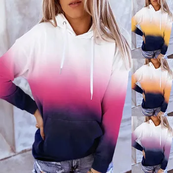 Есенна Hoody в стил Харадзюку За Жени, Пуловер Наклон Цвят, Hoody С Шапка, Преки Свободни Модни Дамски Блузи Y2K