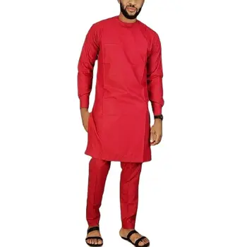 Нигерийски Модерен Потник + Панталон, Обикновена Червени Брючные Комплекти, Мъжки Костюми на Младоженеца В Стил Сенатор, Дрехи За Партита На Африканския стил
