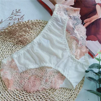 Стръмни Розови дантелени кюлоти с бродерия на цветя За жени, Сексуална Прозрачни бикини с висока талия За Жени CX15