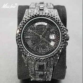 MISSFOX Ice Out Черни Мъжки Часовник Луксозни Диамантени Дневни Часовник С Дата Модерен Хип-Хоп Водоустойчив часовник 2022 Най-Продаваният Продукт