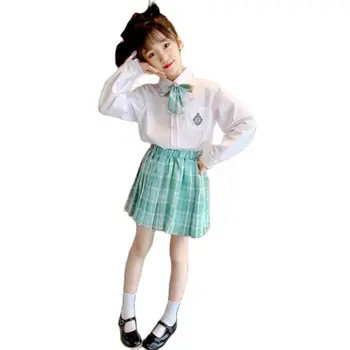 Дрехи за момичета, Есента модерен комплект за деца, Бяла Риза + Плиссированная пола, 2 броя, Пролетно-есенна дрехи за малките момичета, Пола Принцеса
