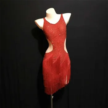 Y40 Червени дамски етап танцови костюми с пискюли, секси рокля за латино танци, пола, за изяви на певицата, дрехи за партита, дрехи за шоуто dj