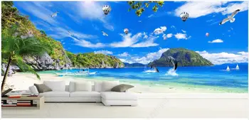 3d стенописи тапети за стени, на рула Красиво синьо небе и бели облаци и кокосови палми на океанските пейзажи снимка за тапет