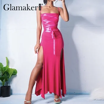 Glamaker с отворен гръб и висока цепка, секси сарафан за парти и клуб, коварен макси рокля без ръкави с дантела, розово-червена рокля 2021, ново лятно корсетное рокля