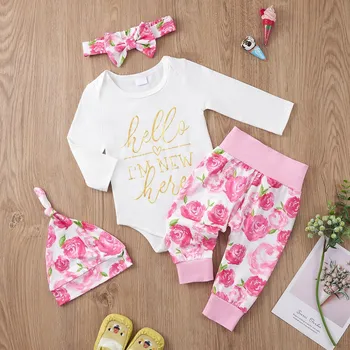 Baywell/Пролетен Анцуг с надпис за малки момичета + Панталони с цветен модел + Шапка + Превръзка на главата, Комплекти дрехи за новородени момичета 0-12 месеца, 4 бр.