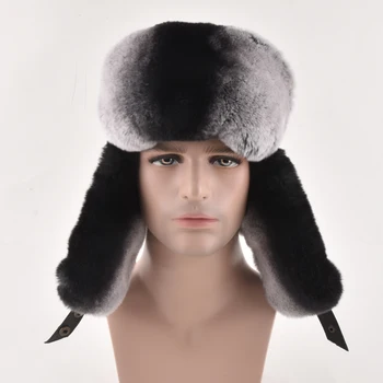 Руска Кожа шапка, Топло есенно-зимната шапка от естествена кожа заек рекс и кожа, луксозна мъжка шапка-бомбер