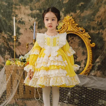 Детско Пролетно-лятно Винтажное Испанското Дантелено Принцеса Рокля в Жълт Цвят за малки Момичета или на Великден, Рожден Ден, Празник