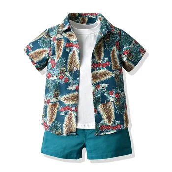 Детски костюми за летните партита в тропически плажния стил, Ризи с къси ръкави за по-малките момчета, Тениска + Къси панталони, Комплекти за 1-6 години