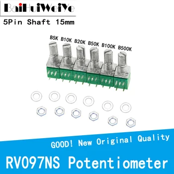 10 Бр./ЛОТ RV097NS Усилвател Уплътнителен Потенциометър 5 До 10 До 20 До 50 До 100 До 500 До с ключа аудио 5PIN вал 15 мм RV097N RV097