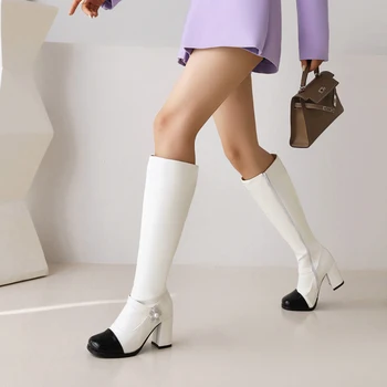 Нови ботуши до коляното, Новост 2023 г., дамски зимни обувки с кръгло бомбе, кръгли цветя, кристали, модерни ботуши, цвят, съответстващ на