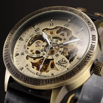 Shenhua Автоматични Механични часовници Скелет кожена Каишка Авто Мъжки Ръчен Часовник луксозна марка модерен стил реколта бронзови часовници
