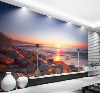 Модерните 3D Фотообои Красива Гледка Към Морето и Залеза на Плажа Каменен Фон на Стената Хол, Спалня, Телевизор, Разтегателен стенописи Тапети