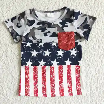 Камуфляжная риза райе с националния флаг и звездите за малки момчета, летен топ с къси ръкави и джобове, дрехи за четвърти юли