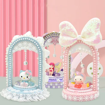 Hello Kitty Sanrio Kawaii Романтично Осветление Музикална Ковчег Сам Изготвяне На Материали Комплект Красиви Бижута Креативни Играчки За Момичета Подарък