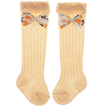 Тънки Чорапи Над Коляното За Малки Момичета, Сладки Мрежести Чорапи С Флорални Лък И Рюшами