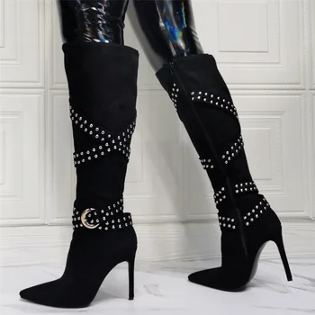 Пикантен дамски ботуши на висок ток с остър каишка и нитове в европейския и американския стил, дамски ботуши до коляното на тънък висок ток, дамски обувки-големи размери 47