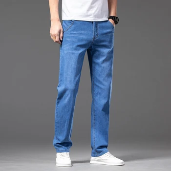 По-големи размери 40, 42, 44, 46, мъжки тънък светло сини прави Дънки, Пролет-лято Класически Бизнес Модни Дънкови Стрейчевые Панталони, Мъжка марка