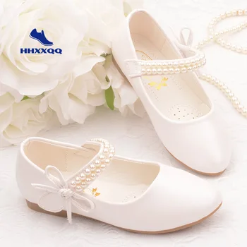 2022 Нови Бели Кожени обувки за момичета, Детски Бели Обувки на равна подметка, Училищни Модельная обувки за момичета с цветя модел, Обувки за момиченца