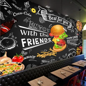 Потребителски 3D тапети стенопис Европейската и американската ръчно рисувани бургер ресторант за бързо хранене снек-бар фонова стена