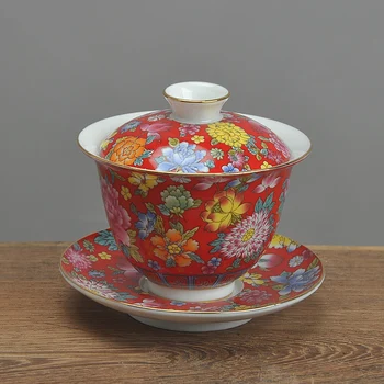 Порцеланова эмалевая голяма купа с капак бял порцелан надглазурный цветен чай чаена чаша цветна рисувани дворцов стил чаена чаша домакински
