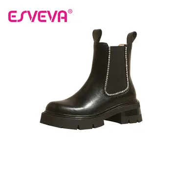 ESVEVA/2023 Модни Ботильоны от телешка кожа с кристали на мълния в британския Благородно стил, Универсален Неутрален обувки в стил пънк, Размер 34-39