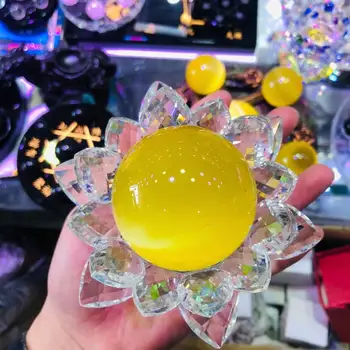 Естествена Жълтата сфера 50мм топчета кварц котка кристал лекува с каменна стъклена поставка цвете За декоративен 1пк