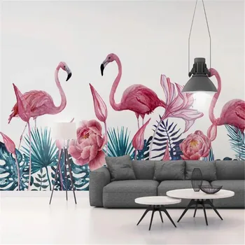 milofi фабрика потребителски тапети стенопис 3D пресен зелен ръчно рисувани тропическо растение фламинго фон на стената