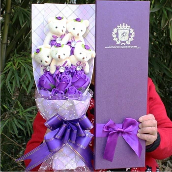Плюшено мече лилаво моделиране цвете карикатура плюшено пластмасов букет за Свети Валентин Подаръци за рожден Ден, красиво цвете