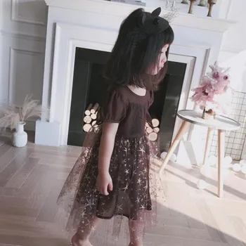 Сетчатое рокля на Принцеса за момиченца; Колекция 2019 г.; Лятно една модерна Бална Рокля с Блестящо Звездите и Къс Ръкав; Рокля за деца; Сладък рокли за момичета от 2 до 7 години
