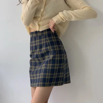 Пролетно нова корейска версия карирана пола в гонконгском стил в стил ретро, трапециевидная пола с висока талия, с модерна пола в средновековен стил, клетчатая пола