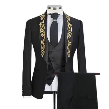 SZMANLIZI Мъжки костюм Homme Черна Бродерия Златен Ревера Смокинг на Булката Рокля на Булката Мъжки Сватбени костюми за бала (Яке + панталон + Елек)
