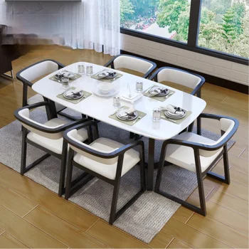 Модерна маса за хранене с мраморни обеденными маси и столове от масивно дърво