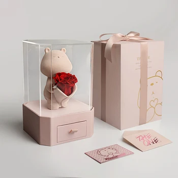 Начало Декор Имитация На Розово Мече Изкуствена Роза Вечно Цвете За Декорация Парти Pink Bear Сватбен Декор Скандинавски Подарък Кутия