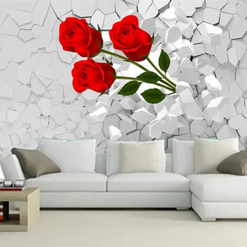 Потребителски 3D стенописи,3d изригват през стени от червени рози, тапети, хол ТЕЛЕВИЗИЯ стени Спалня и Разтегателен фон тапети