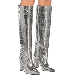 Нови ботуши до коляното от тисненой питон кожа, дамски ботуши до коляното с остри пръсти на дебелите ток, Zapatos de Mujer Botas, размер 35-43