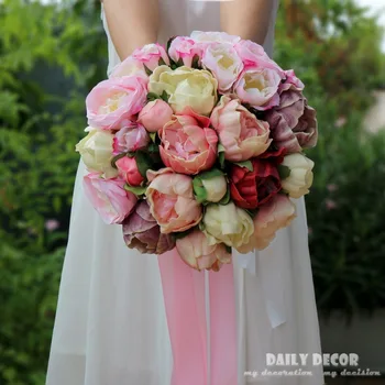 ПУ божур Изкуствени цветя, сватбен букет на булката, държи цветя за сватбен букет на булката de noiva букет на булката розов