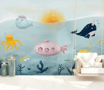 Изработена по поръчка стена предпоставки океана, делфин, кит подводница подводница хол фон стенни тапети фреска, 3d тапети за стена