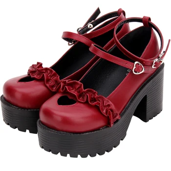 Японски сладки обувки в стил Лолита в стил колеж на висок ток с кръгло бомбе и завързана сърце, студентски обувки с дебела подметка, ...