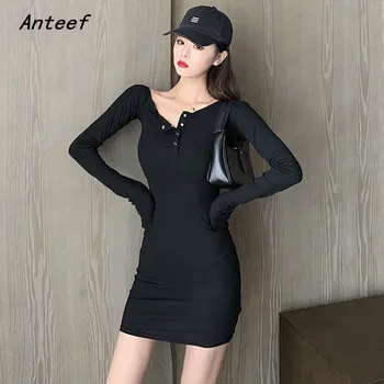 Anteef с дълъг ръкав, черни памучни секси прилепнали рокли за жени, ежедневни мини къса пролетно-есенни рокли, елегантни дрехи 2021