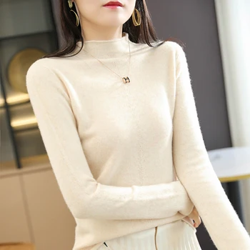2021 есен и зима, нов стил, 100% вълна вязаный пуловер с дълги ръкави среден на ръст, тънък, монофонични кратък жена пуловер