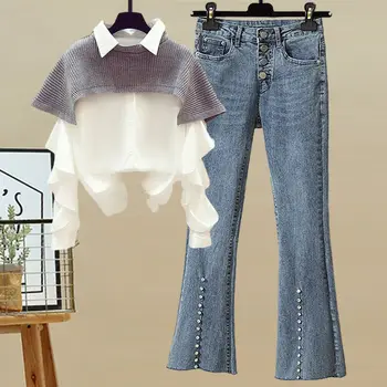 Дамски панталони Пролет Есен Трафика на Корейската Памучен Бяла Риза, Дънки с диаманти Модерен Лек Всекидневен костюм Y2k Дамски Дънки