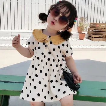 Мода 2019 г., лятна рокля за момичета, детски костюми на Принцеси за деца с яка на точки и яка 