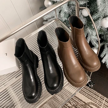 2022 г. есенно-зимни дамски ботильоны от естествена кожа 22-25 см, обувки на платформа от телешка кожа с кръгло бомбе, зашити обувки Челси