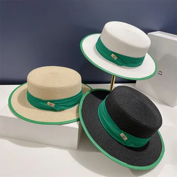 Европейски и американски ретро голям корниз с плосък покрив, нежна модни зелена сламена шапка, дамски плажната солнцезащитная шапка, британска плажна шапка