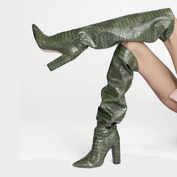 Arden Фуртадо/2021 г. Модни зимни обувки не сужающемся надолу масивна ток 11 см, кафяви, с остри пръсти, зелени, до Коленете, класически, сиви, Големи размери 45 46