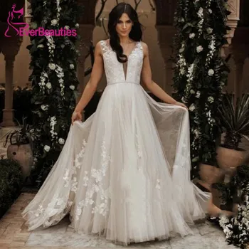 Vestido De Noiva Beach Wedding Dresses 2020 Tulle Appliques Boho Bridal Gowns Robe De Mariee V-Neck сватбена рокля
