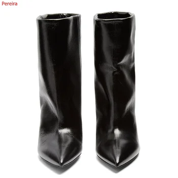 2021 женски ботильоны чисто черен на цвят солени плисирани къси ботуши на висок зауженном ток с остър пръсти на високи токчета женски големи размери 44 45 46