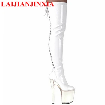 LAIJIANJINXIA/ Новост; Пикантни ботуши над коляното на висок ток 20 см; високи ботуши от мека изкуствена кожа; Пикантни обувки на прозрачна платформа; обувки за танци на един стълб