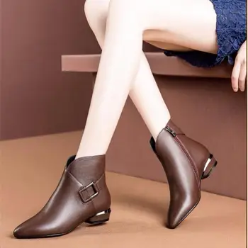hot87 2020 Модни Дамски обувки Зимни Кожени обувки в стил ретро с цип с остри Пръсти и Дебел Ток Ботильоны Големи Размери Обувки На Висок Ток