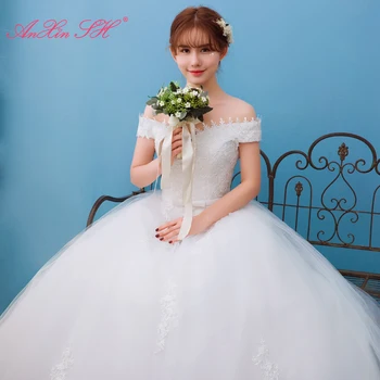 AnXin SH принцеса бяло цвете дантелено сватбена рокля Френски Ретро лодка деколте без ръкави малък лък булката бална рокля сватбена рокля